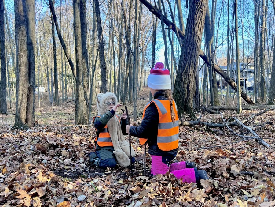 Two students in high-visibility vests crouching among fallen leaves in the autumn woods