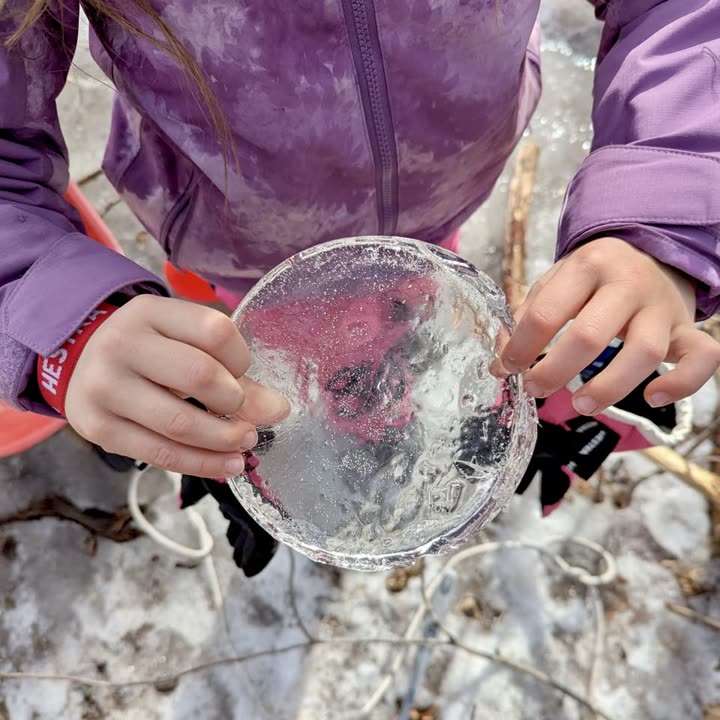 A student holding up a thick disc of pond ice with both hands